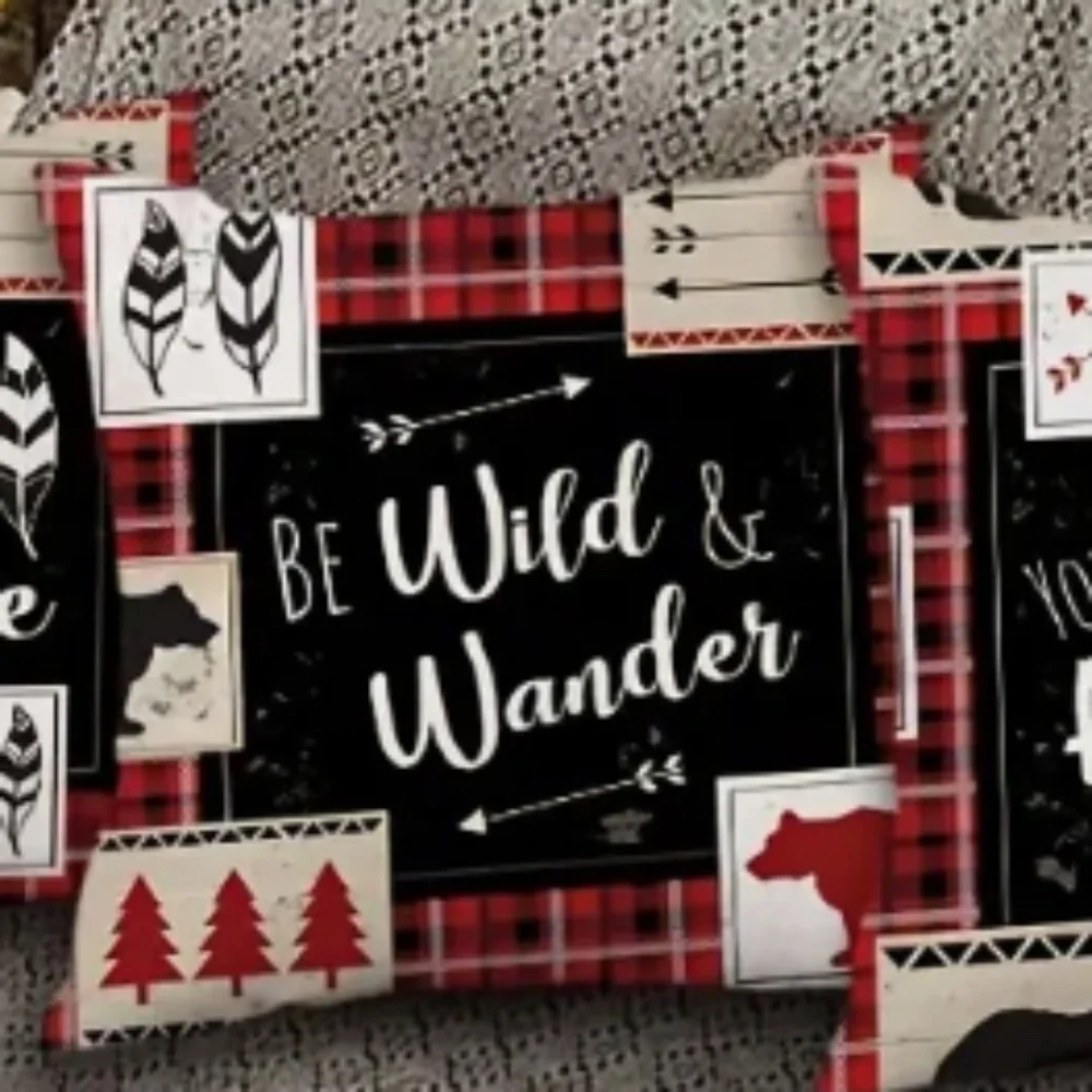 NEW SET OF 5 RUSTIC MOUNTAIN CABIN QUOTE BLACK/RED LINEN PILLOW COVERS 18
